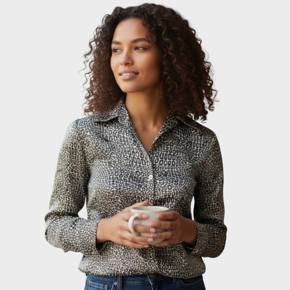 Classiques Entier XS Womens Brown Silk Cheetah Print Blouse Office Siren Easter